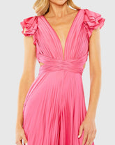 Pink Ruffle Cap Sleeve Cutout Heat Pleated Jumpsuit